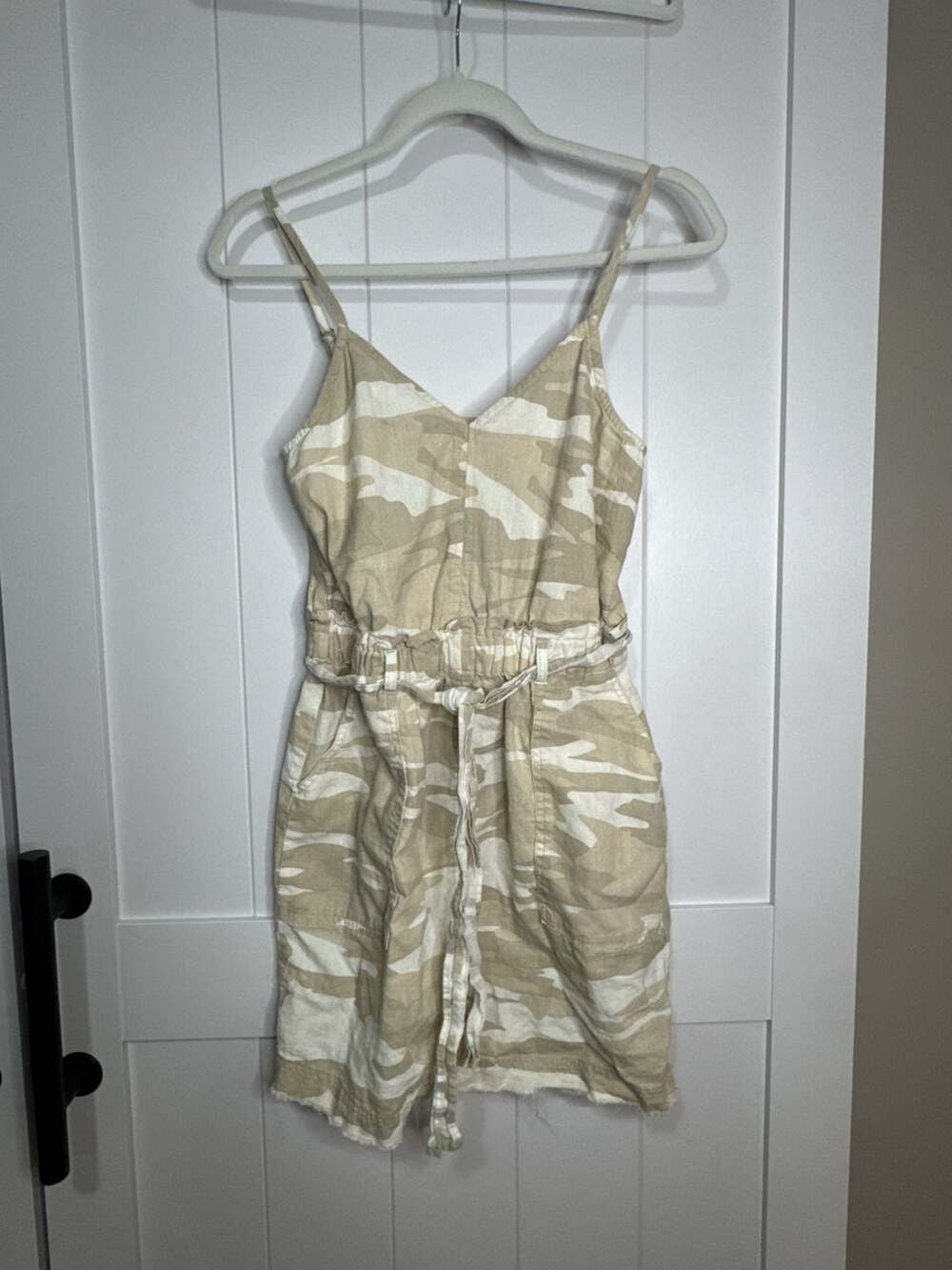 Splendid Geneva Camo Linen-Blend Mini Dress with Adjustable Straps and Belt